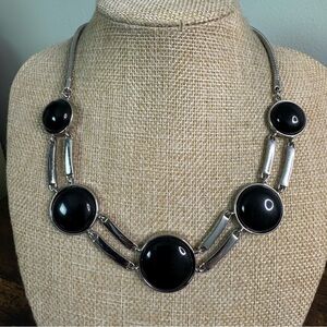 WHBM Black Acrylic Necklace Silver Tone Statement Chunky Bold Retro 60’s Revival